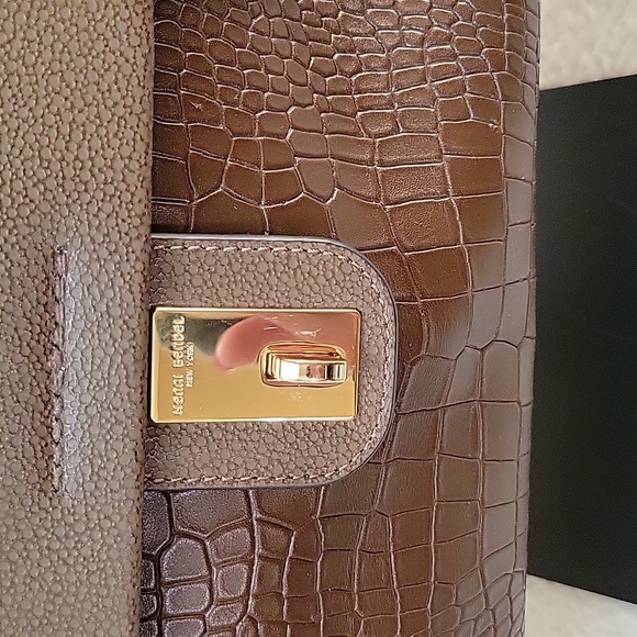 EUC Henri Bendel Olive Brown Croc Embossed & Pebbled Leather Large Satchel Bag - Picture 2 of 6